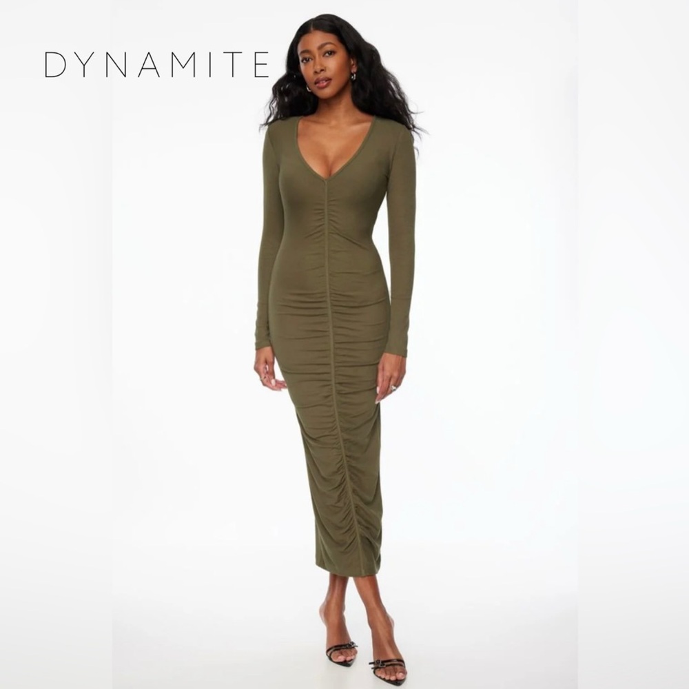 ✨Dynamite NEW Ruched Ribbed Maxi Dress Colour Kalamata Green XSmall